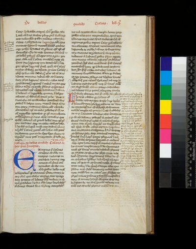 Ms 342. Caesar, Opera, f.38r. Initiale [E] in Blau mit Federverzierungen in Rot von Italian School