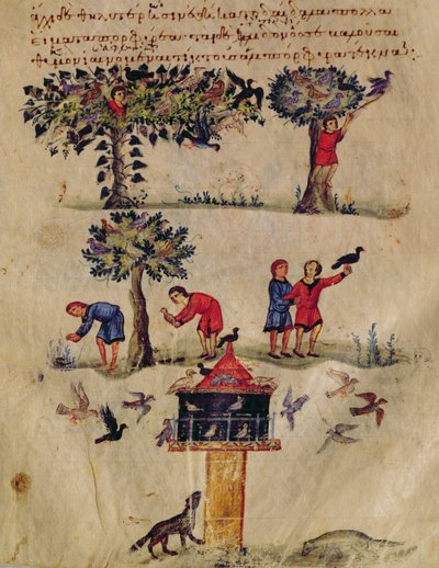 Ms Grec 479 Vogeljagd, Illustration wahrscheinlich aus dem Ixeutika von Oppian von Italian School