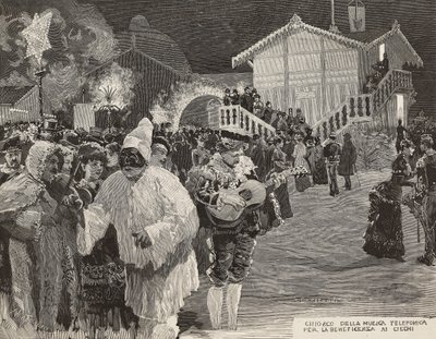 Musikkiosk zur Spendensammlung für Blinde, Pulcinella-Maske, Karneval in Neapel, Italien, Gravur nach Zeichnung von Matania, Gravur von Gamberoni aus L