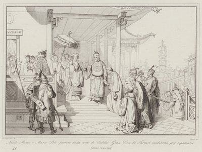 Nicolo Matteo und Marco Polo verlassen den Hof von Kubilai, dem Großkhan der westlichen Tataren, um in ihre Heimat zurückzukehren von Italian School