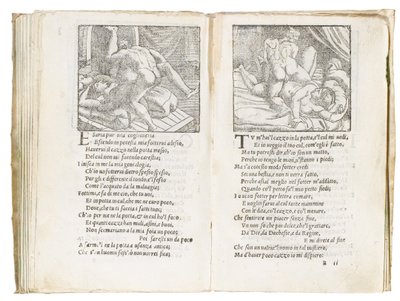 Seite aus "Sonetti Lussuriosi" von Pietro Aretino, illustriert von Giulio Romano und graviert von Marcantonio Raimondi, veröffentlicht in Venedig, ca. 1527 von Italian School