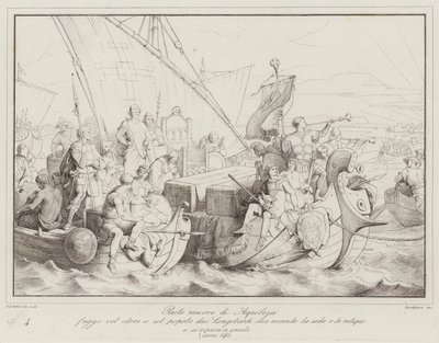 Bischof Paulus von Aquileja flieht mit dem Klerus und dem Volk vor den Langobarden und bringt den Sitz mit sich (Gravur) von Italian School