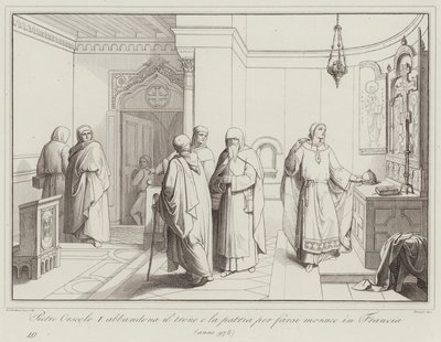 Pietro Orseolo I verlässt den Thron und die Heimat, um Mönch in Frankreich zu werden, 978 (Gravur) von Italian School
