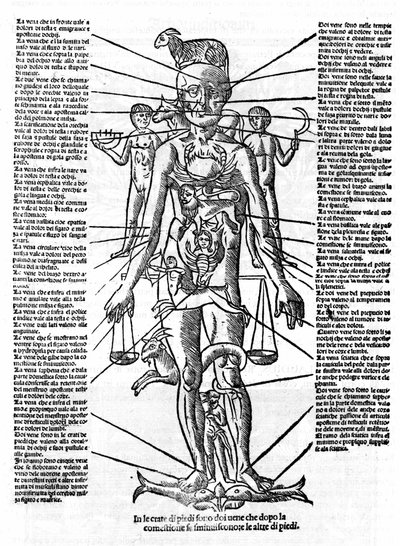 Tafel, die einen menschlichen Körper mit der Position aller Organe und den entsprechenden Tierkreiszeichen zeigt, die durch ihre astrologischen Einflüsse beeinflusst werden. Tafel aus „Recetoro di Galeno optio e probato a tutte le infirmita che accadeno a  von Italian School