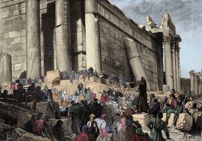 Darstellung von Arnaud de Brescia (Arnaldo da Brescia) (1090-1155), italienischer politischer und religiöser Reformer, während der Predigt. 1145 predigte er in Rom den Aufstand gegen Papst Eugen III., der gejagt werden sollte und versuchte, die römische Re von Italian School