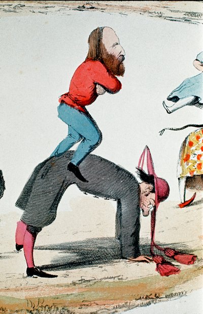Risorgimento: satirische Zeichnung, die die Helden des Risorgimento Giuseppe Garibaldi (1807-1882) zeigt, wie sie die Römische Frage regeln, eine politische Kontroverse über die Rolle Roms, Sitz der weltlichen Macht des Papstes und Hauptstadt des neuen Kön von Italian School