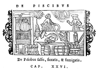 Salzen, Trocknen und Räuchern von Fisch, Illustration aus Historia de Gentibus Septentrionalibus von Olaus Magnus (1490-1558), veröffentlicht in Rom, 1555 von Italian School
