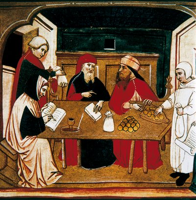 Unterschrift für eine Transaktion, ein Notar registriert die Handlung und ein Banker zählt die Münzen. von Italian School