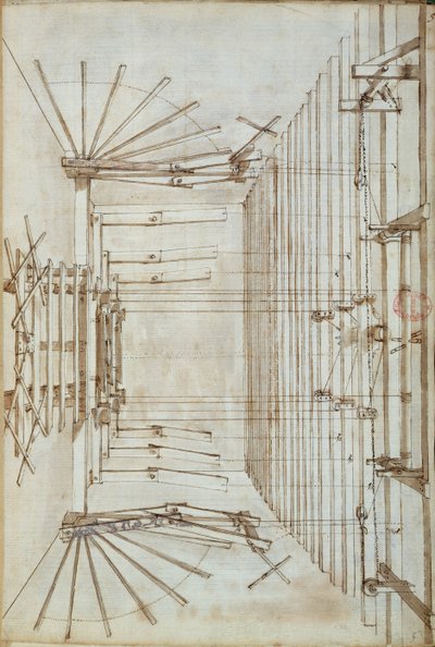 Bühnenmaschinerie für die Opern im San Salvatore Theater in Venedig, 1675 (Feder und Tuschlavierung auf Papier) von Italian School