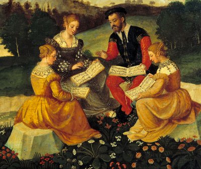 Das Vokalkonzert. Malerei der italienischen Schule. 16. Jahrhundert. Bourges, Hotel Lallemant - Das bukolische Konzert. Malerei der italienischen Schule. 16. Jahrhundert. Hotel Lallemant, Bourges, Frankreich von Italian School