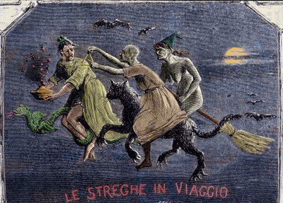 Die Hexen auf dem Weg zum Sabbat: Eine reitet auf einer schwarzen Katze, eine andere auf einem Besen und die dritte auf einem Drachen, der ein Elixier trägt. Gravur. von Italian School
