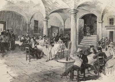 Dritte-Klasse-Passagiere und Erste-Klasse-Passagiere in Quarantäne, Desinfektion des Gepäcks, Quarcino-Schloss, an der Schweizer Grenze, Cholera-Epidemie, Italien, Gravur von Mancastropa nach einer Zeichnung von Bonamore, aus L