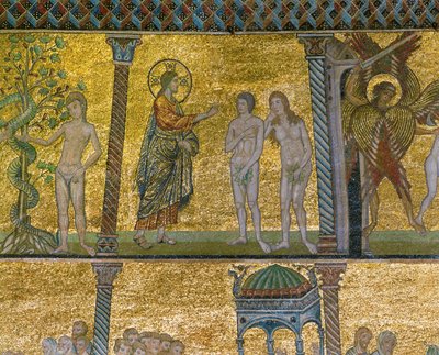 Der Sündenfall. Gott überrascht Adam und Eva im Garten. von Italian school