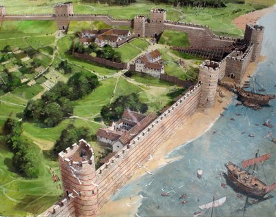 Rekonstruierte Ansicht der südöstlichen Ecke des römischen Londons und des zukünftigen Standorts des Tower of London um 400 n. Chr. von Ivan Lapper