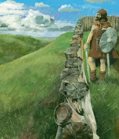 Rekonstruktionszeichnung eines eisenzeitlichen Mannes neben einem Holzpalisadenzaun auf Liddington Castle Hillfort, Swindon, UK von Ivan Lapper