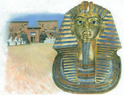 Die goldene Maske der Mumie des ägyptischen Pharaos Tutanchamun, mit einem alten ägyptischen Tempelkomplex im Hintergrund von Ivan Lapper