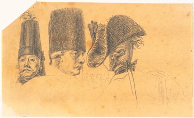 Vorarbeit zu drei der Köpfe für den Stich: Friedrich der Große reitet nach einer Revue in Potsdam nach Hause von J.F. Clemens