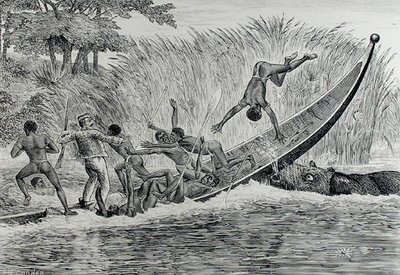 Wütendes Nilpferd kippt ein Boot um von J.M. Corner
