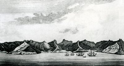 Ansicht der Cumberland Bay auf der Insel Juan Fernandes, ca. 1745 (Gravur) von J. S. Mason