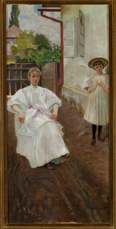 Vor dem Haus - Frau und Tochter des Künstlers von Jacek Malczewski
