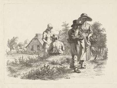 Blinde Frau und plaudernde Figuren bei einem Bauernhof von Jacob Ernst Marcus