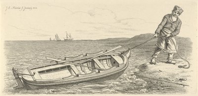 Mann zieht sein Ruderboot an Land von Jacob Ernst Marcus