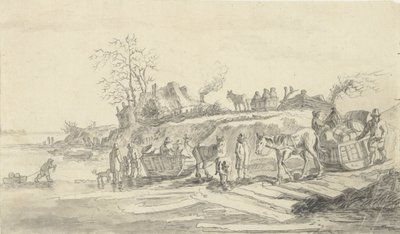 Schlittenfahren am Ufer eines zugefrorenen Flusses von Jacob Ernst Marcus