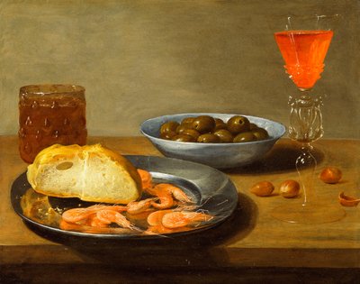 Ein Teller mit Garnelen und eine Schale mit Oliven von Jacob  Foppens van Es