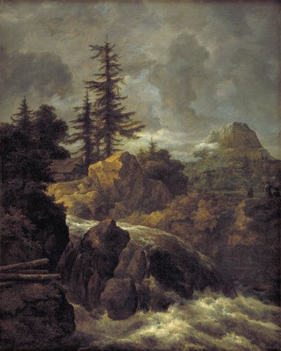 Landschaft mit Wasserfall und Hütte von Jacob van Ruisdael