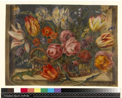 Blumenstudie: Verschiedene Blumen in einem Korb, mit Insekten und einer Eidechse in einem Fensterrahmen, 1634 von Jacob Marrel