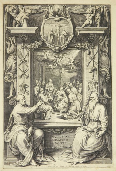 Anbetung der Hirten mit Peter und Paulus in einem allegorischen Rahmen von Jacob Matham