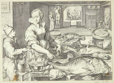 Küchenszene mit einer Küchenmagd, die Fische säubert von Jacob Matham