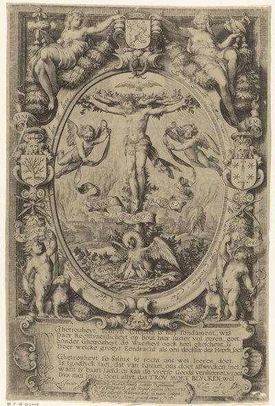 Kreuzigung in allegorischem Rahmen von Jacob Matham