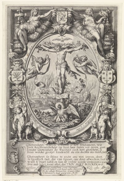 Kreuzigung in allegorischem Rahmen von Jacob Matham
