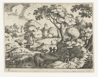 Landschaft mit Reisendem und Soldaten (Serie: Sechs Landschaften mit Reisenden) von Jacob Savery (I)