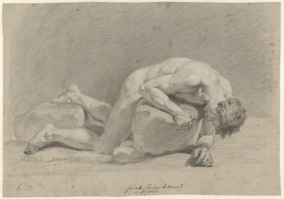 Männlicher Akt, auf dem Bauch über einen Felsen liegend von Jacob Smies
