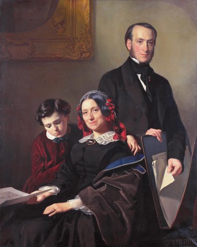 Mevrouw A J Schmidt-Keiser, Witwe des Malers Willem Hendrik Schmidt (1809-49), der Lehrmeister von Jacob Spoel, mit ihrem Bruder J N Keiser und ihrem zehnjährigen Sohn von Jacob Spoel