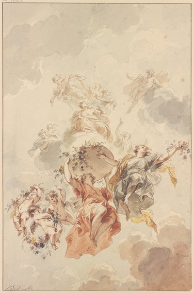Genien und Amoretten gruppiert um einen Blumenkorb, der zum Himmel aufsteigt von Jacob de Wit