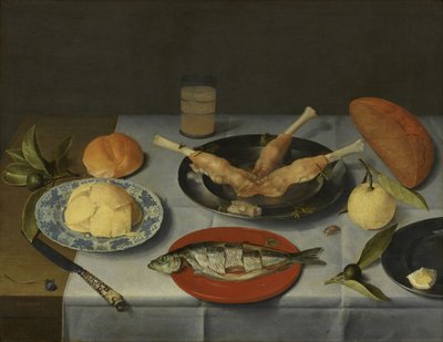 Frühstück mit Brot, Käse, Fisch und Bier, um 1615 von Jacob van Hulsdonck