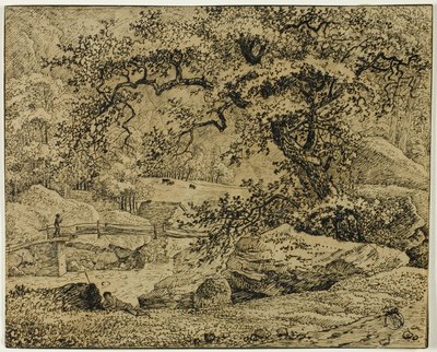Landschaft mit Figur, die unter einem Baum am Bach ruht von Jacob van Ruisdael
