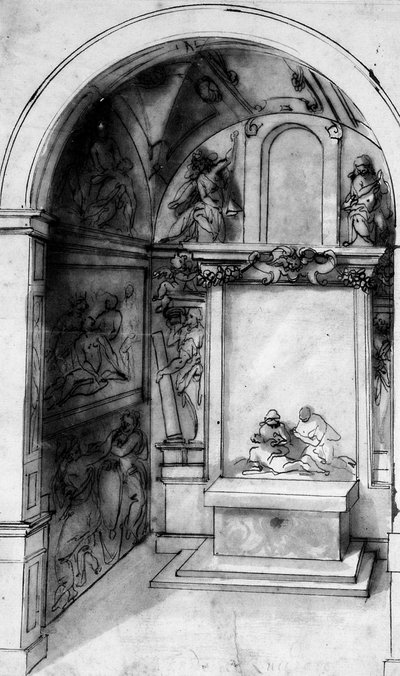 Entwurf für eine Kapelle, dekoriert mit Fresken und einem Altar mit einer Beweinung, die Verkündigung darüber von Jacopo (attr. to) Zucchi