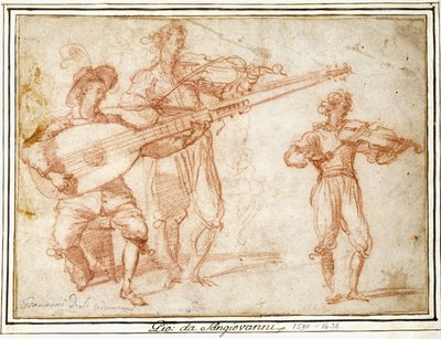 Zwei Musiker spielen Chiatarrone und Violine, mit einer Nebenstudie des zweiten Musikers von Jacopo Confortini