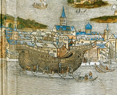 Bau einer Galeere in einer venezianischen Werft, aus Peregrinatio in Terram Sanctam, erstmals 1486 in Latein gedruckt von Jacopo de