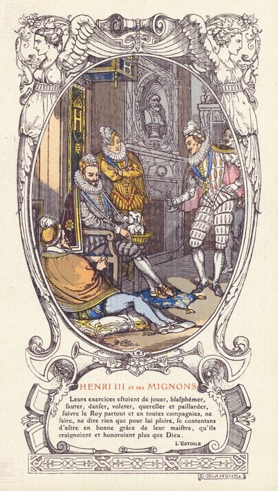 König Heinrich III. von Frankreich und seine Favoriten, die Mignons (Farblithografie) von Jacques Emile (after) Blanche