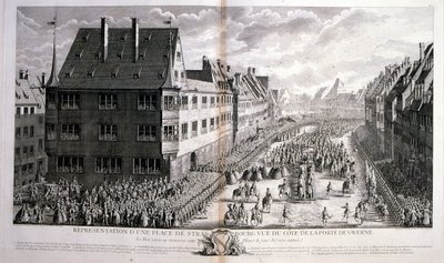 18. Jahrhundert Illustration von Ludwig XV., König von Frankreich, regierte 1715-1774, zieht durch die Rue de Strasbourg, Paris. von Jacques-Philippe Le Bas