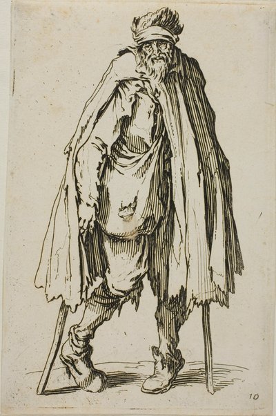 Bettler, der sich auf einen Stock stützt, Platte neunzehn aus Die Bettler von Jacques Callot