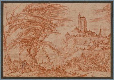 Landschaft, rechts auf einem Hügel ein großer Turm, links eine Baumgruppe und einige Figuren von Jacques Callot