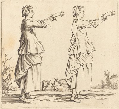 Bäuerin im Profil, nach rechts gewandt, mit ausgestrecktem Arm, 1617 und 1621 von Jacques Callot