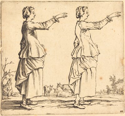 Bäuerin im Profil, nach rechts gewandt, mit ausgestrecktem Arm, 1617 und 1621 von Jacques Callot