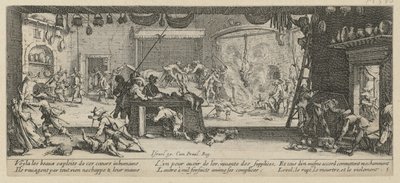 Plünderung eines Bauernhofes, Blatt 5 der Folge Grauen des Krieges von Jacques Callot